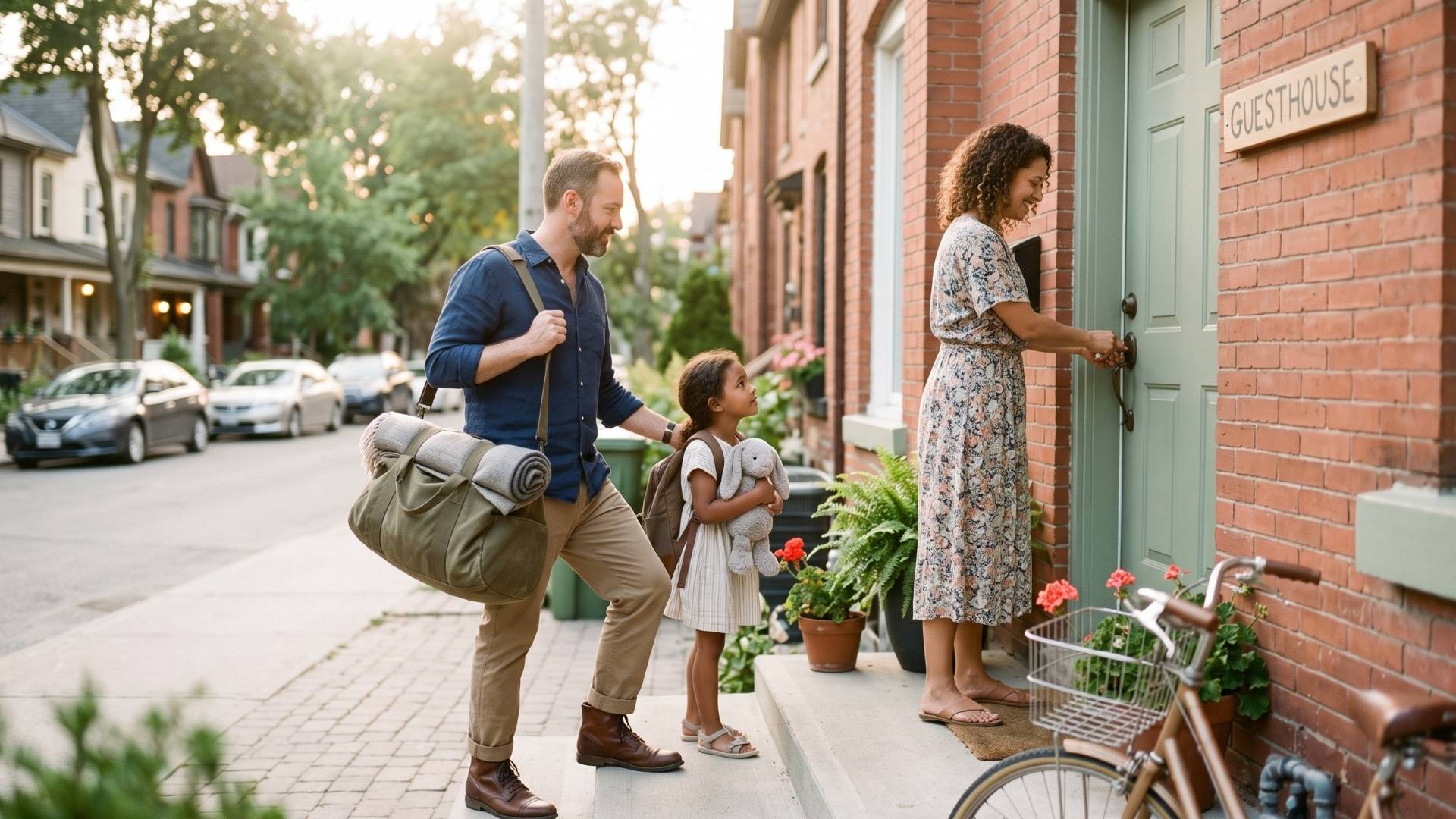 A family arriving at a small holiday rental on a Friday evening, a parent carrying one bag and a child holding a soft toy, an unhurried arrival.