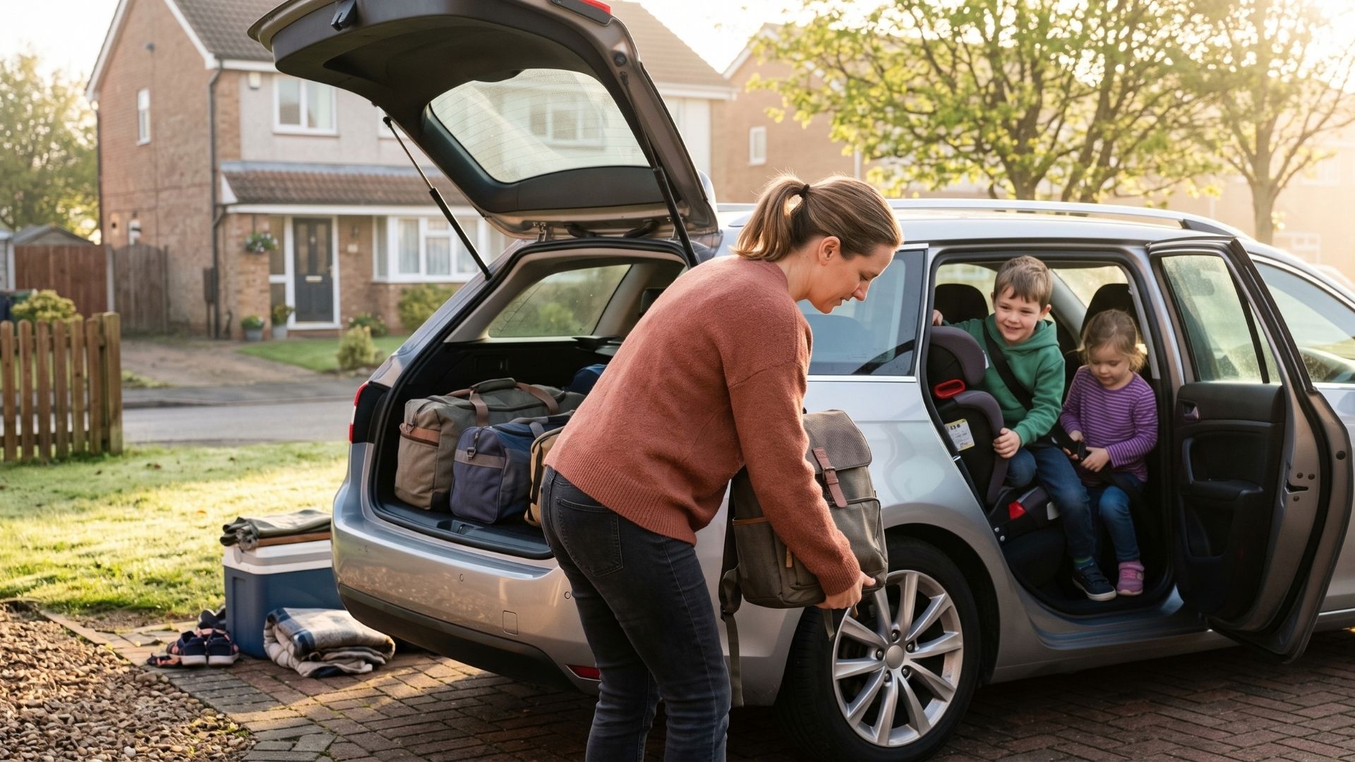 A family loading a car for a road trip in the morning, a parent packing the trunk while two kids climb into car seats.